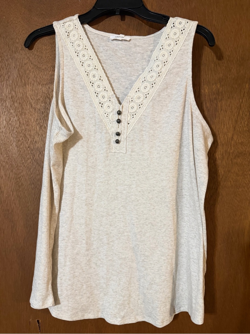 Maurices Cream Lace-Trim Sleeveless Henley Tank